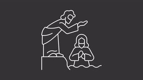 Jesus baptism white line animation. Jesus and John animated icon. Christian ritual. New testament. Isolated illustration on dark background. Transition alpha video. Motion graphic