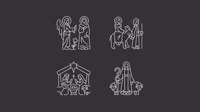 Jesus Christ birth animation library. Biblical scenes animated white line icons. New testament. Nativity story. Isolated illustrations on dark background. Transition alpha. HD video. Icon pack