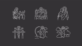 Holy Week animation library. Biblical scenes animated white line icons. Life of Jesus Christ. New testament. Isolated illustrations on dark background. Transition alpha. HD video. Icon pack