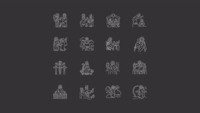 Biblical scenes animation library. Life of Jesus Christ animated white line icons. Highlights in chronological order. Isolated illustrations on dark background. Transition alpha. HD video. Icon pack