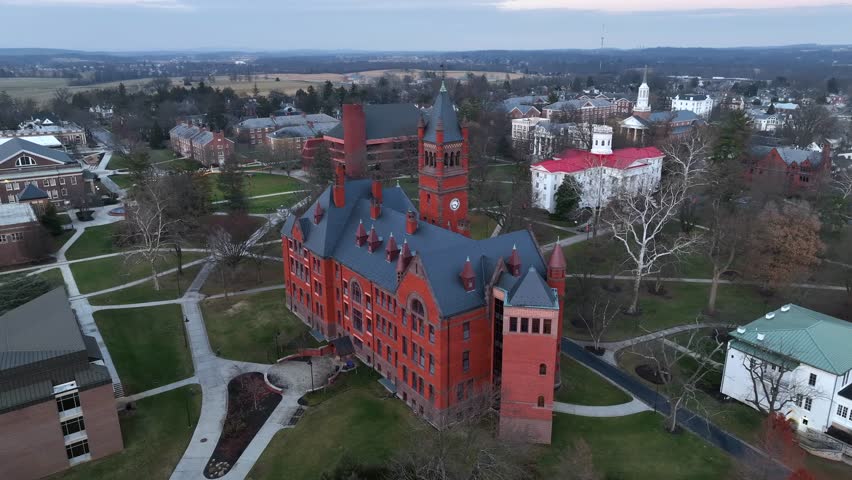 Aerial establishing shot of university academic building. Gettysburg College - Glatfelter Hall