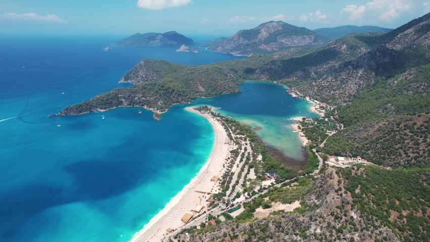 Turkey, Oludeniz drone background. Turkey Fethiye seaside panorama. Mediterranean sea in Turkey. Royalty-Free Stock Footage #3423861797
