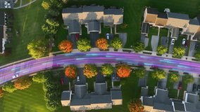 Modern American homes connected with fast internet. Top down aerial truck shot of suburban houses with colorful digital connectivity lines and globe icons. Fiber optic network animation. - Powered by Shutterstock - Get 15% off with code: PIKWIZARD15