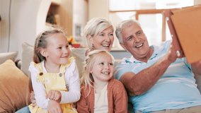 Grandparents, children and tablet for selfie on social media, home and family picture for memories. Elderly people, kids and technology in retirement, happy and camera application for photography - Powered by Shutterstock - Get 15% off with code: PIKWIZARD15