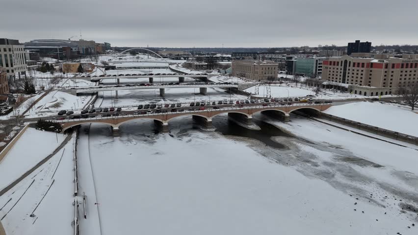 Aerial drone view snowy downtown Iowa