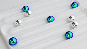 Sleek 3D animation of metallic and iridescent spheres gliding on a glossy, grooved white surface. 3D Illustration - Powered by Shutterstock - Get 15% off with code: PIKWIZARD15