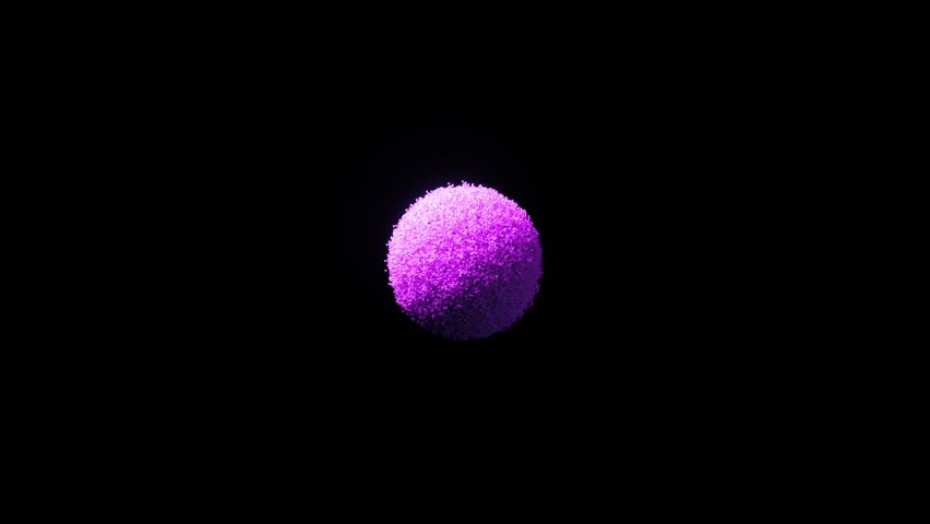 3D blue purple abstract art video animation featuring a surreal chrome cube created from moving aluminum particles resembling a water wave on a black background. 3D Illustration