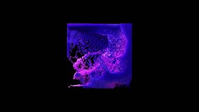 3D blue purple abstract art video animation featuring a surreal chrome cube created from moving aluminum particles resembling a water wave on a black background. 3D Illustration - Powered by Shutterstock - Get 15% off with code: PIKWIZARD15