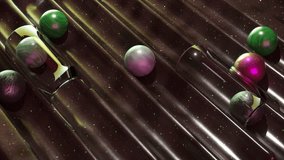 Galactic 3D animation of planets and glass spheres in a cosmic pinball game on a starry purple field. 3D Illustration