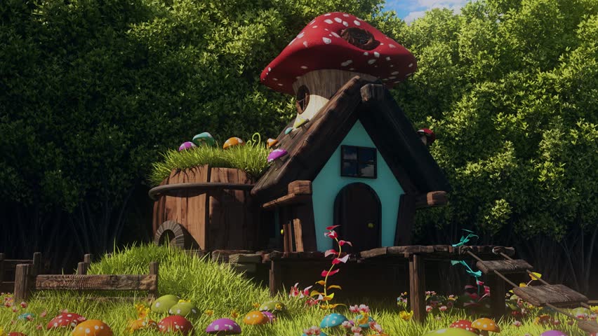 A Mushroom House in a Magic Forest by Day - Fantasy Loop Nature Landscape Background