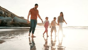 Beach, walking and family holding hands, vacation and happiness with weekend break and travel. Parents, mother and father with summer and seaside with holiday, children and ocean with kids and love - Powered by Shutterstock - Get 15% off with code: PIKWIZARD15