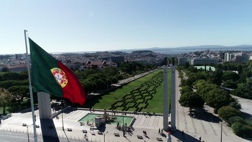 Portugal national flag waving in Lisbon, Portugal