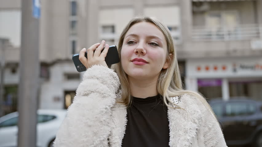 A blonde woman talks on her phone, casually dressed in a white jacket against an urban street backdrop.