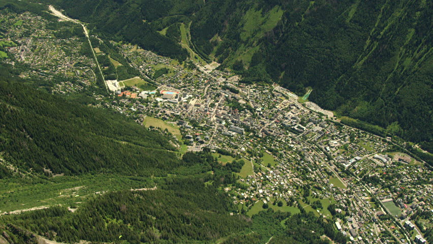 Chamonix in summer : Aerial view of Chamonix with the Mont Blanc mountain in France, highest mountain in Europe, with the beautiful landscape and view