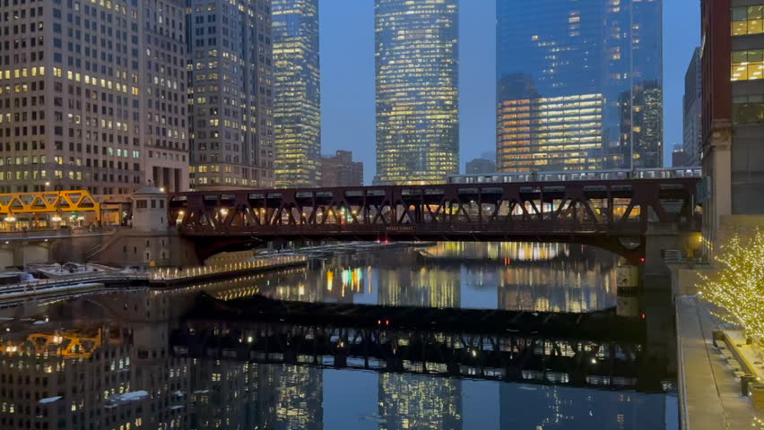 Night time Chicago city view video of elevated (
