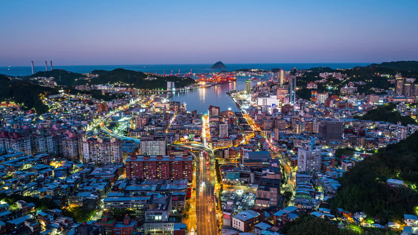 Aerial view of Keelung city at night, Taiwan.