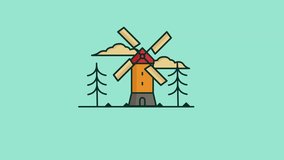 windmill animated flat cartoon, view windmill, cloud, and pine tree in  motion design.