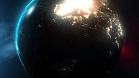 Starfighter crossing Earth orbit, Sun lens flare, cloud, colorful, sci-fi animation