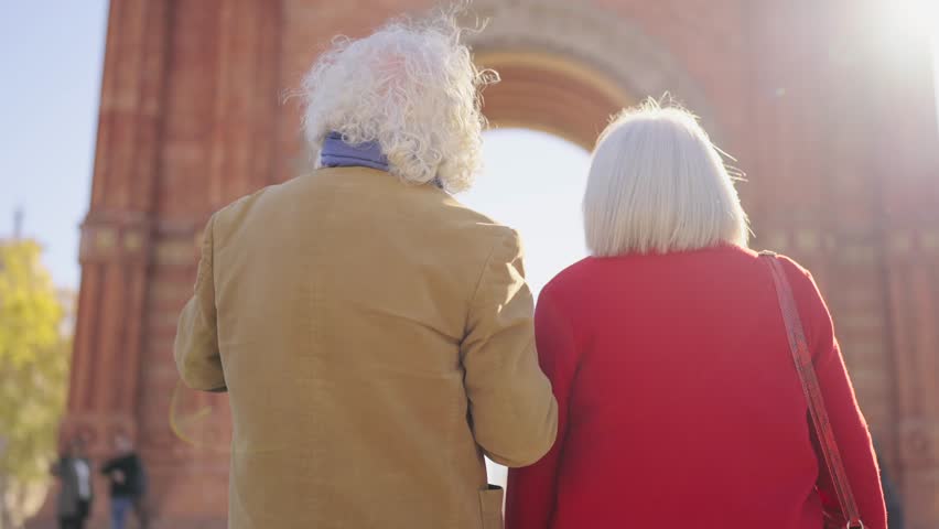 Video of the rear view of senior tourist couple pointing monuments while visiting a city