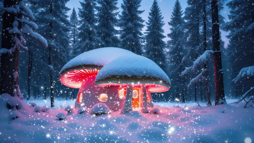 futuristic winter snowfall in the forest with a cozy house in the form of a big mushroom, video loop