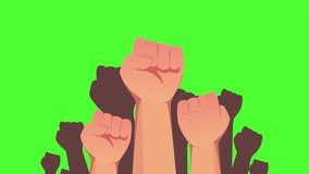 4k 2d motion video people's hands raised with clenched fists, Hand fist  on a green screen. Symbol of love, diversity. Human rights, feminism, equality and women's day. Black lives matter movement.