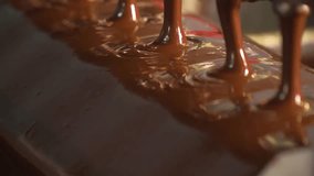 Conveyor with liquid chocolate. Confectionery factory. Chocolate factory. Candy production. - Powered by Shutterstock - Get 15% off with code: PIKWIZARD15