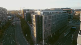 Flight Over of New Modern Business Centre in Karlin District in Prague. Drone Shot of the Fresh Working Area. Investment, Start Up Place for Business People. Ultramodern Office in Czech Republic