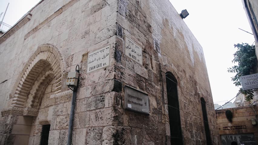 The Old City of Jerusalem, holy place for all jewish people - The Western Wall at Temple Mount. Direction way sign of Western Wall