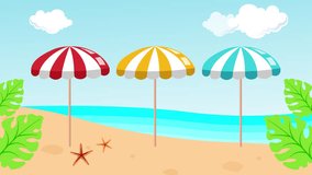 4k Animated Horizontal Creative Summer Banner Design Holiday Beach View with Colorful Umbrellas and starfish Summer Frame Template Modern Animation for New Season Sale Fresh Palm Leaves and Clouds.