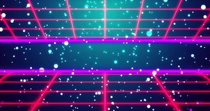 Futuristic retro style double grid background with stars moving in bg 4K. Techno nightclub 80s style disco club backdrop. Old fashioned cyberspace universe motion graphic grids moving seamless loop.
