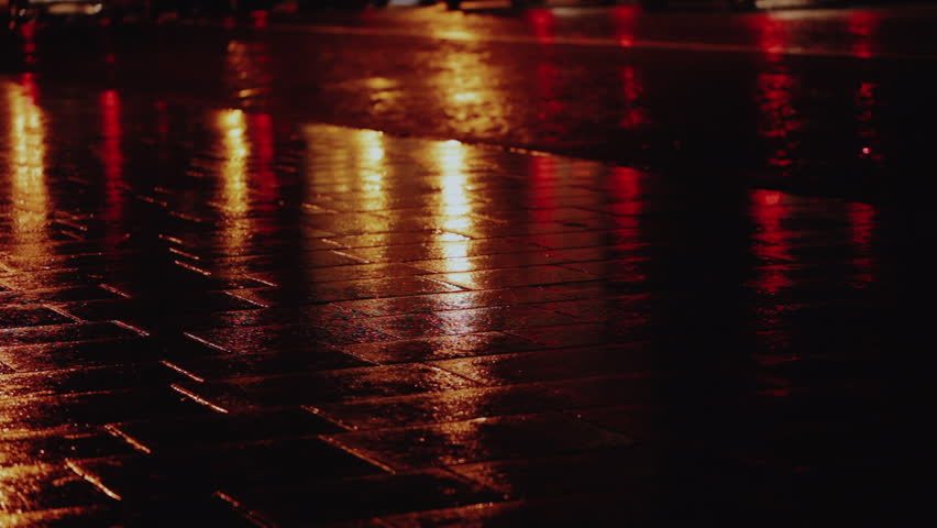 Wet city street with traffic lights refections at night in Paris. 3D Illustration