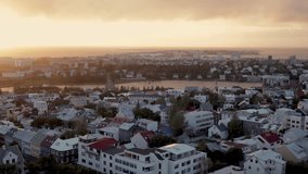 High angle viewpoint cityscape at sunset in Reykjavik, Iceland