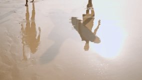 Reflections, shadows of people with surfboards on clear sand. Surfers couple barefoot feet walk on wet sandy beach by sea surf. Low angle. Footprints of man, woman go surfing to lineup in ocean water - Powered by Shutterstock - Get 15% off with code: PIKWIZARD15
