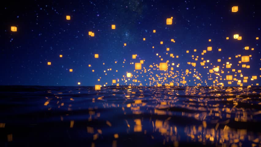 Flying lanterns in the sea. Flying Above The Ocean At Night. For festival invitation, birthday, party celebration. 3d animation, 4K Royalty-Free Stock Footage #3424730235