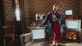 Expressive Black girl in 80s shell suit dancing rhythmically in retro-styled room with noisy analog TVs, cassette tape player and vintage chandelier decor - Powered by Shutterstock - Get 15% off with code: PIKWIZARD15
