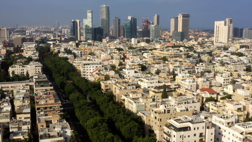 Aerial Downward Shot Of Modern Buildings On Residential City Landscape Against Sky During Sunny Day - Tel Aviv-Yafo, Israel