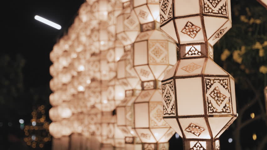 Beautiful hanging Lanna lanterns in Yi Peng festivities celebration at Chiang Mai Province, Thailand. Antique paper lantern Lanna style decoration during Loy Krathong festival. Slow motion shot.