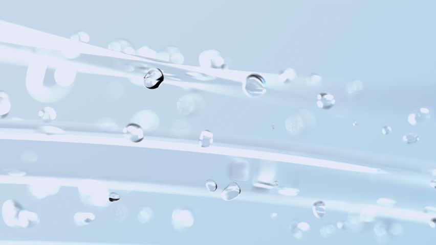Liquid bubble selective focus animation move through or Drops collagen serum. Cosmetic advertising background. 3d rendering.