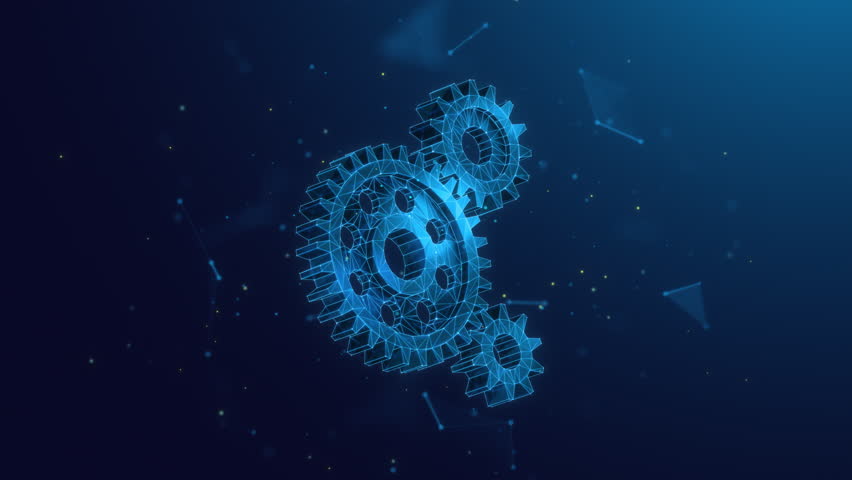 Abstract Animated Low Poly Illustration of Gears Spinning Together. Symbol of Corporate Collaboration, Partnership and Teamwork 4K Looped Motion Graphic on Blue Background. Royalty-Free Stock Footage #3424980829