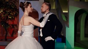 romantic date of princess and her groom in dark ballroom of royal palace, beautiful lady with man - Powered by Shutterstock - Get 15% off with code: PIKWIZARD15