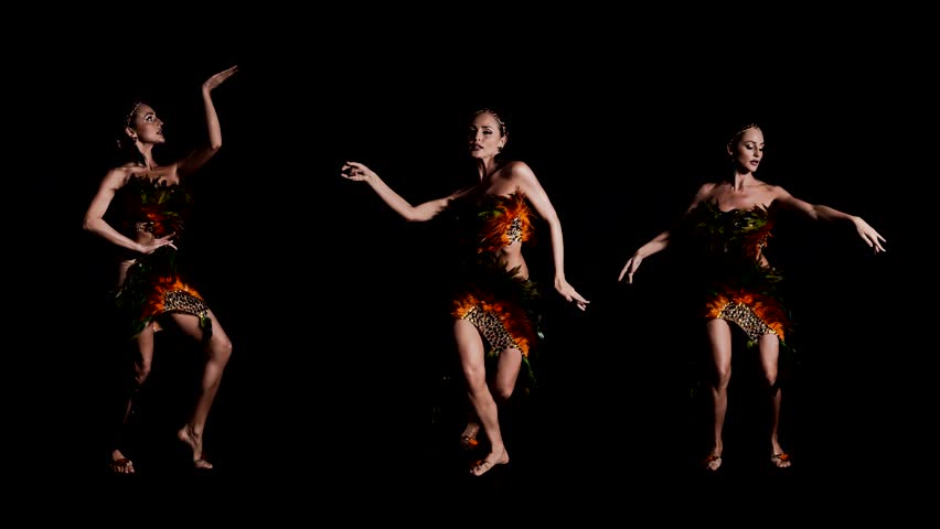 sexy lady dancing extravagant dance in black background, three shots collage, beautiful woman