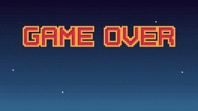 Animated pixel art Game Over screen with starry sky on background. 8-bit retro video arcade style animation of Game Over backdrop screen with Press Start button. - Powered by Shutterstock - Get 15% off with code: PIKWIZARD15
