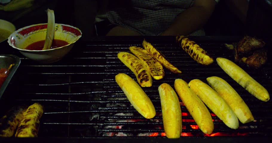 Preparing a delicious dessert dish of grilled banana.