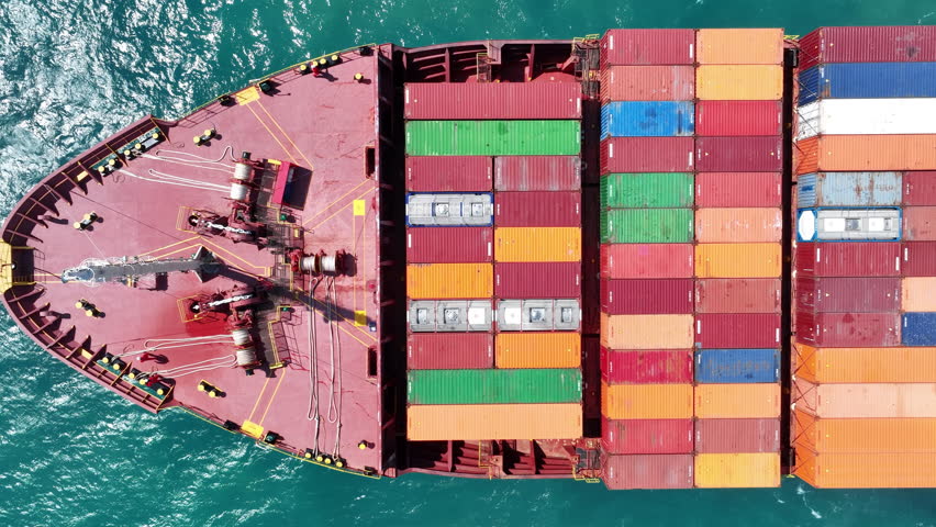 Aerial view of Cargo Container Ship.  container ship import export to customers sea port. export shipping industry freight and transportation logistics concept. commercial shipping by sea