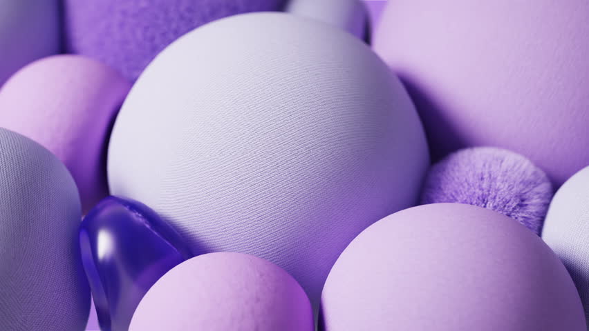 3d render motion design abstract digital animation purple color colorful textile balls moving floating fashion business background backdrop wallpaper cotton cloth yarn fiber fabric material metaverse