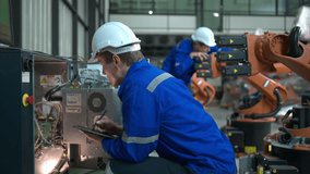 Technician working on the electrical control cabinet of robotic arm, Robotic arms industrial background - Powered by Shutterstock - Get 15% off with code: PIKWIZARD15