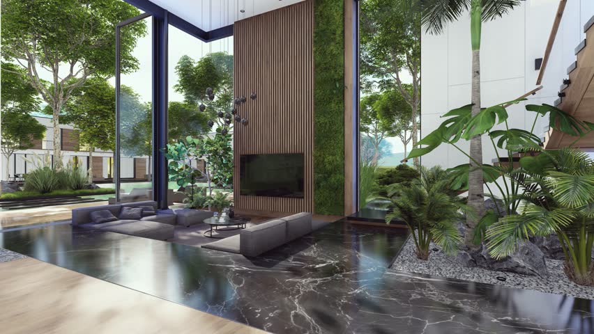 4K rendering of expensive cozy interior with green walls with living dining zone stair and kitchen for sale or rent. Spacious apartments with expensive furniture, light on after sunset