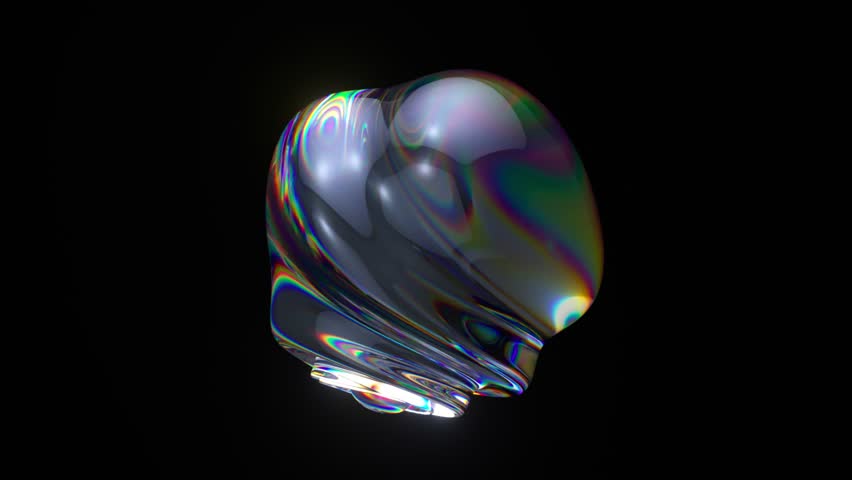 3D animation of abstract art with a surreal glass sphere or ball in the process of deformation transformation with the effect of a prism of the dispersion on an isolated black. 3D Illustration