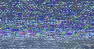 abstract multi color realistic screen glitch flickering, analog vintage TV signal with bad interference and color bars, static noise background, overlay