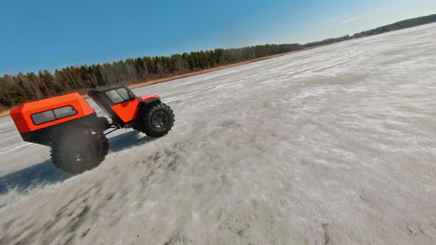 Antarctic Adventure. Snowmobile-Like Vehicle Braves Icy Terrain. FPV Aerial Drone shot Royalty-Free Stock Footage #3425339021
